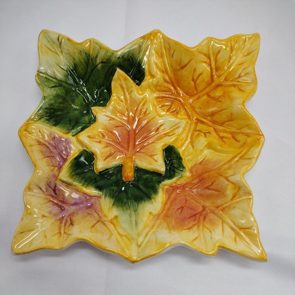 WCL Maple Leaf Dish Square Trinket Decorative Orange Green Autumn Seasonal - Picture 1 of 4